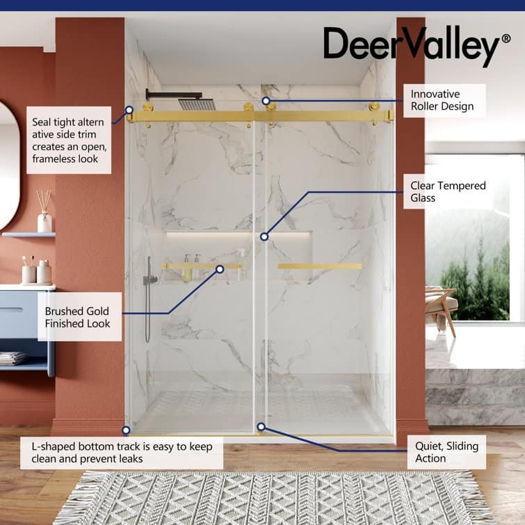 DeerValley 56" - 60" W x 76" H Double Sliding Frameless Shower Enclosure, Stainless Steel Accessories