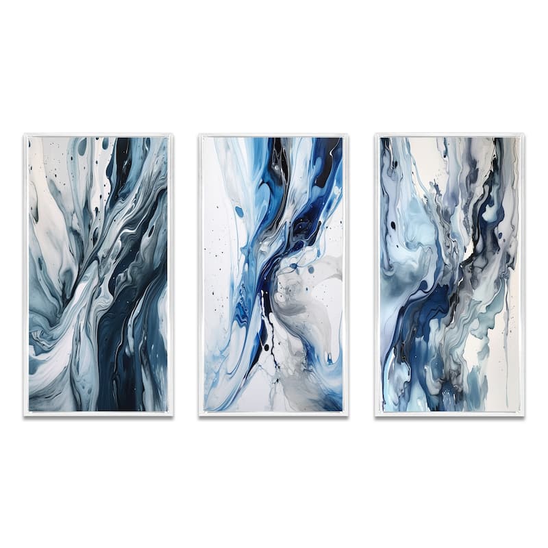 Designart "Blue And Grey Ethereal Elixir III" Abstract Framed Wall Art Set Of 3 Frame Canvas Set For Living Room Decor