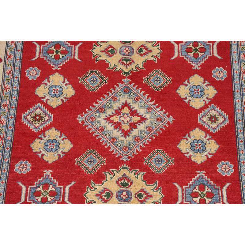 Red Geometric Kazak Oriental Area Rug Dining Room Handmade Wool Carpet - 5'6" x 7'10"