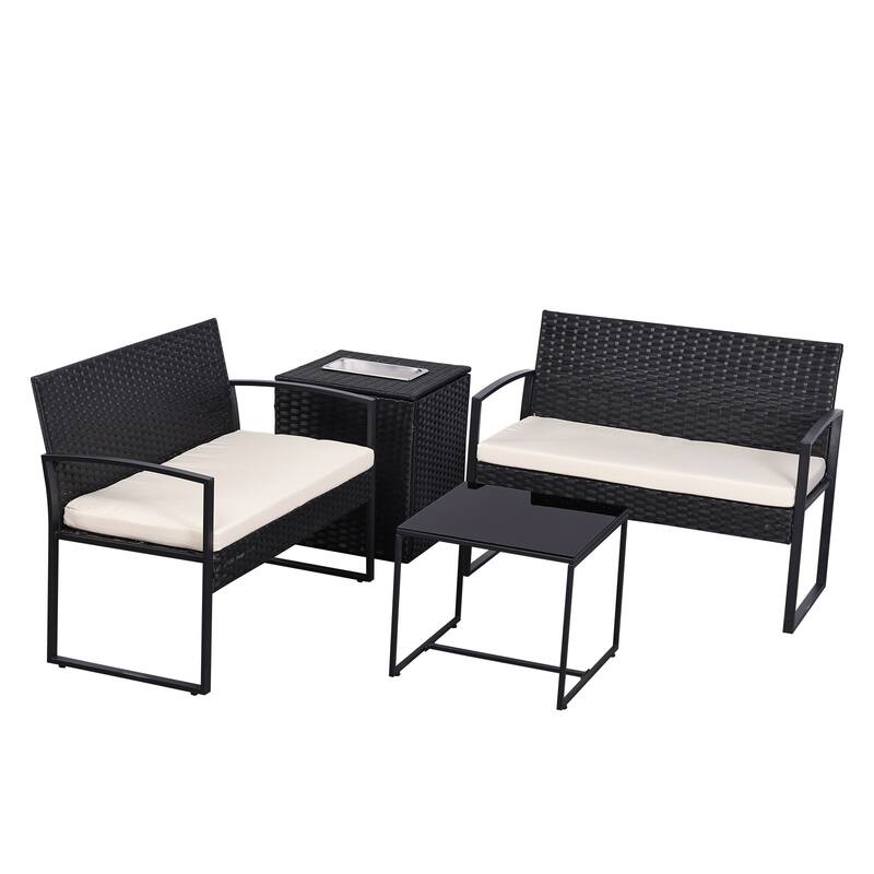 4 Piece Outdoor Sectional Sofa with Built-In Ice Bucket Storage, Rattan Patio Sectional Set with Washable Cushions - Black