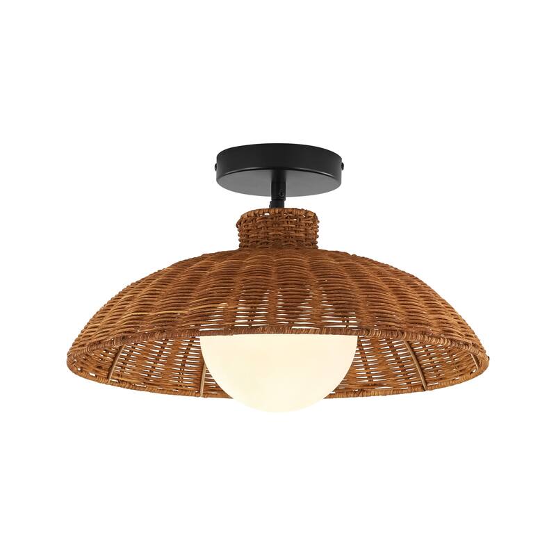 1-Light 15.7" W Farmhouse Brown Woven Rattan Dome Pendant lights for Dining Room, Living Room, Bedroom