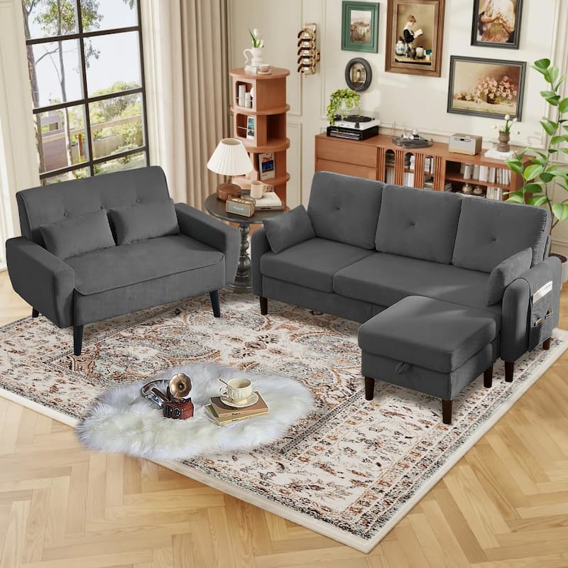 77.17" Corduroy 3 Pieces Living Room Sets with Sofa, Ottoman and Loveseat