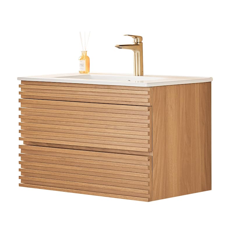 Modland 30" Wall Mount Bathroom Vanity with Ceramic Sink - 2 Soft-Close Drawers, Silk Mist Oak - 30 inch
