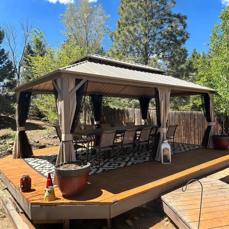 PURPLE LEAF Outdoor Hardtop Gazebo Champagne Metal Frame Galvanized Steel Double Roof with Curtains and Netting for Poolside - 12' x 20' - Gold