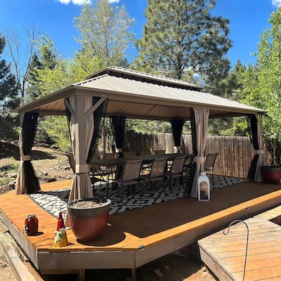 PURPLE LEAF Outdoor Hardtop Gazebo Champagne Metal Frame Galvanized Steel Double Roof with Curtains and Netting for Poolside