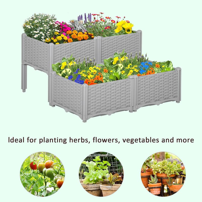 Outsunny 4-Piece Rattan Raised Garden Beds Outdoor Planter Boxes with Different Stacking Arrangements, Self-Watering Design