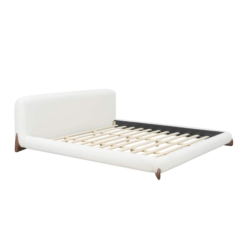 White Upholstered Low-Profile Platform Bed with Boucle Thick Headboard, Solid Wood Legs Grounded Bed Frame, Floor Bed