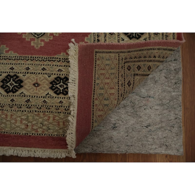 Hand Knotted Oriental 100% Wool Carpet Traditional Geometric Pink Bokhara Runner Rug - 9' 9'' X 2' 8''