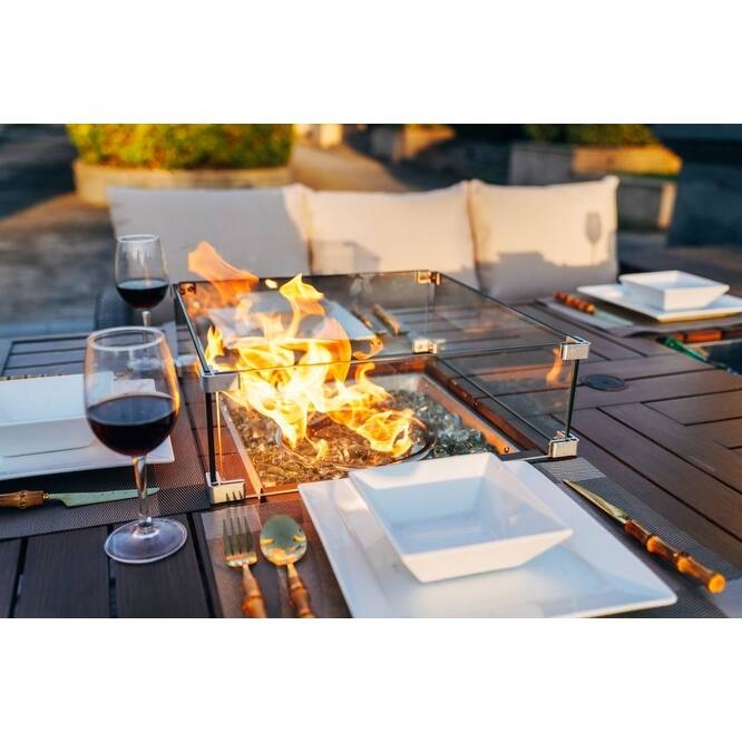 7-Piece Patio Aluminum Frame Conversational Sofa Set Dining Set with Gas Fire pit and Ice bucket Rectangle Dining Table