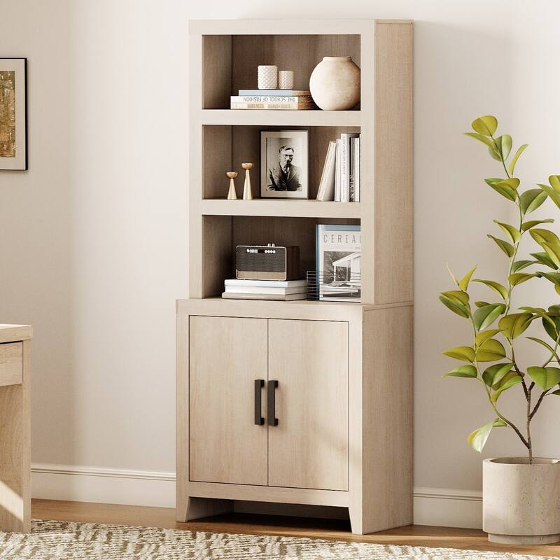 74" Tall Bookshelf with Door, Farmhouse Bookcase with Adjustable Shelf and Storage Cabinet for Living Room, Office - 31" Wide - Beige