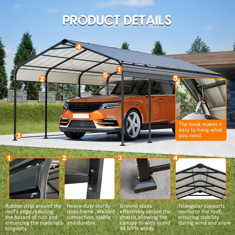 12X20 FT Metal Carport Heavy Duty Outdoor Galvanized Car Shelter