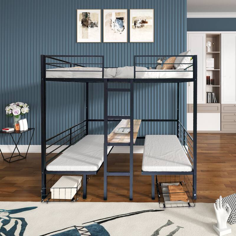 Convertible Loft Bed with Pull-Out Twin Sleeper, Table, Seating, Drawers & Guardrails - Full Black - Full
