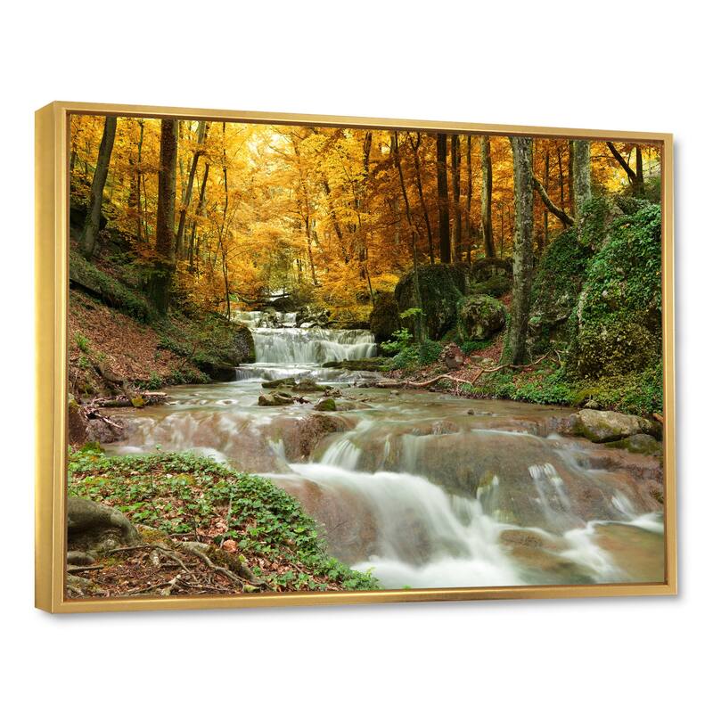 Designart "Forest Waterfall with Yellow Trees" Large Landscape Framed Canvas Art Print - 40 in. wide x 30 in. high - Gold