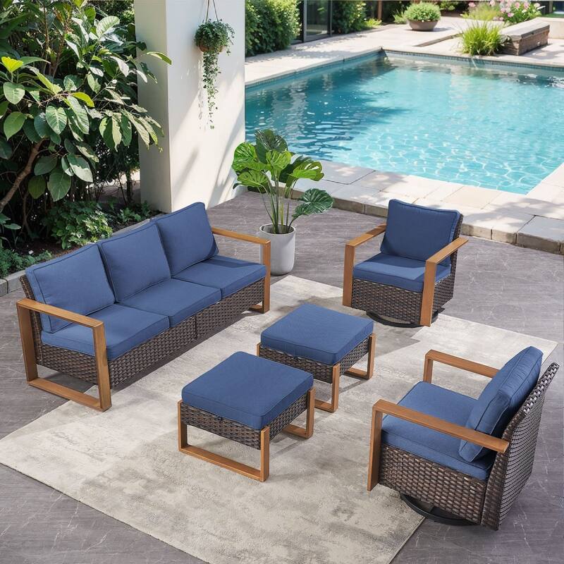 Pocassy 5 Pieces Outoor Patio Sofa Swivel Chair Ottoman Set - Blue cushion - Brown Wicker