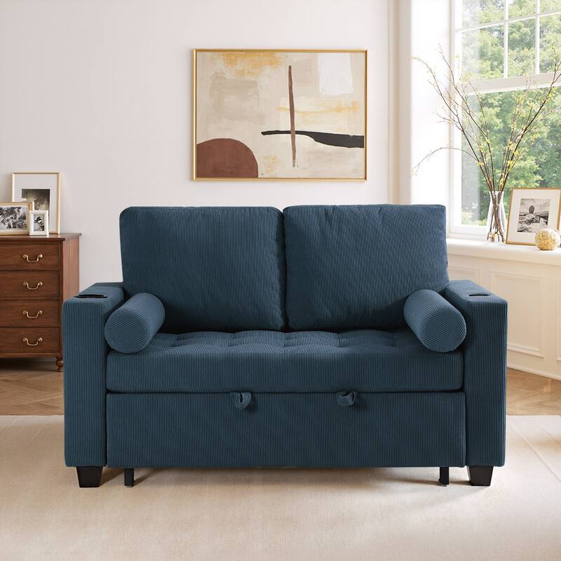 Corduroy Convertible Loveseat Sofa Bed Recliner with Cup Holder, USB Ports & Storage