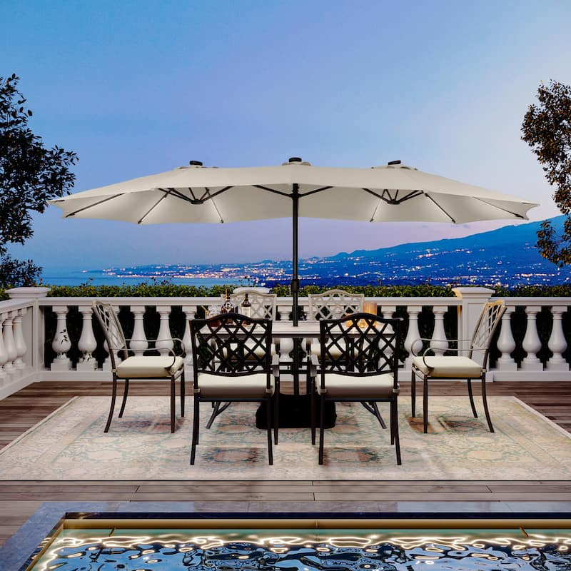 Clihome 15Ft Outdoor Solar Lights Rectangular Crank Market Umbrella, with Base