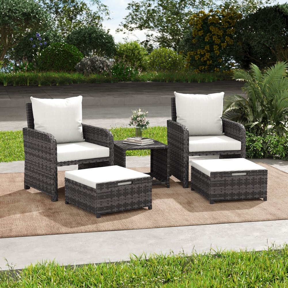 5 Pieces Patio Chair Ottoman Conversation Set with Cushions Table