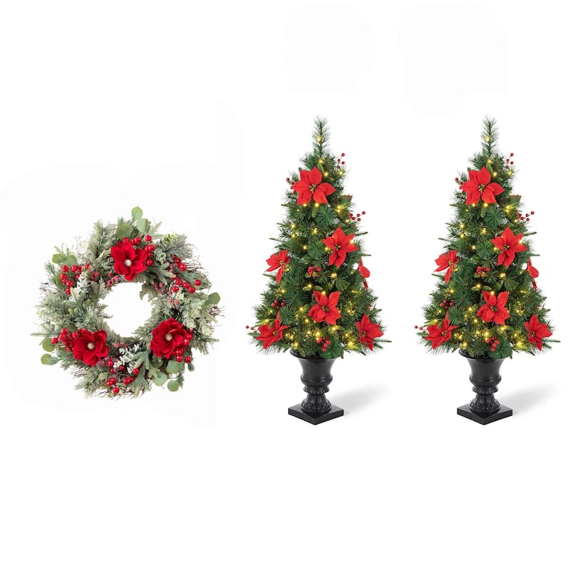 Glitzhome Christmas Artificial Plant Set, Red Mangnolia Wreath, Garland, and Set of 2 Entrance Potted Trees with LED Lights - 3PK-Trees&Wreath