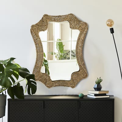 Decorative Handwoven Cattail Wall Mirror - 28.4"L x 2.0"W x 37.8"H