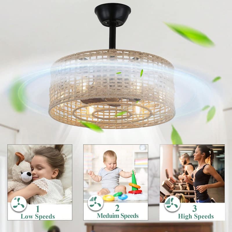 Cusp Barn 18" Farmhouse Caged Ceiling Fan with Light and Remote, Boho Rattan 3 Speeds Reversible Ceiling Fan for Bedroom
