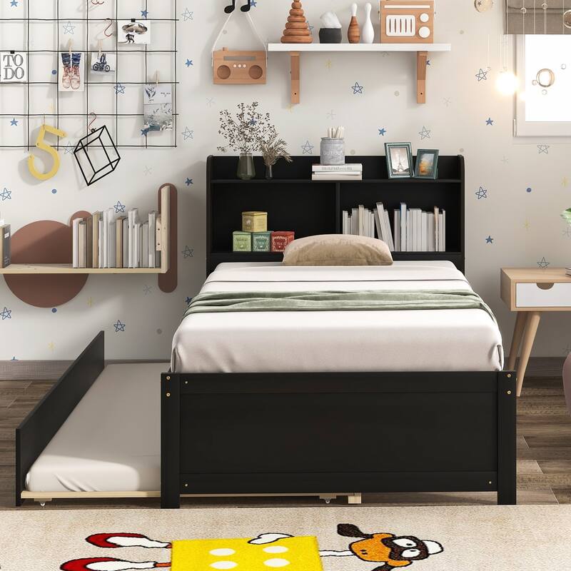 Twin Bed with Trundle,Bookcase - Espresso