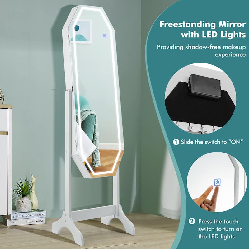 Costway Standing Jewelry Cabinet Armoire Organizer LED Light Mirror - See Details
