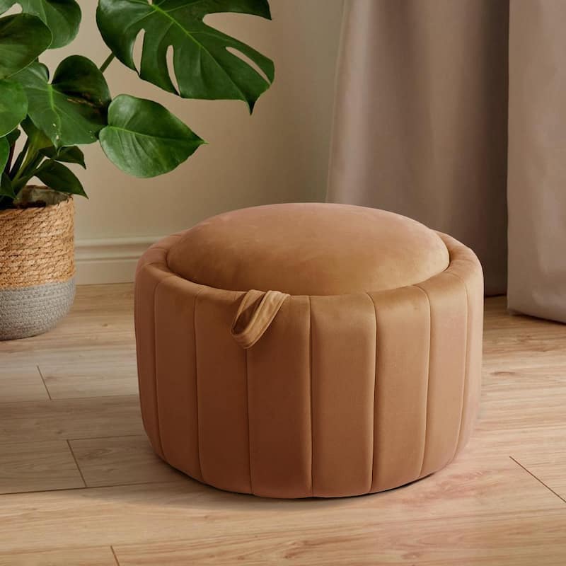 30" W Round Velvet Upholstered Storage Ottoman with Flip Top Tray
