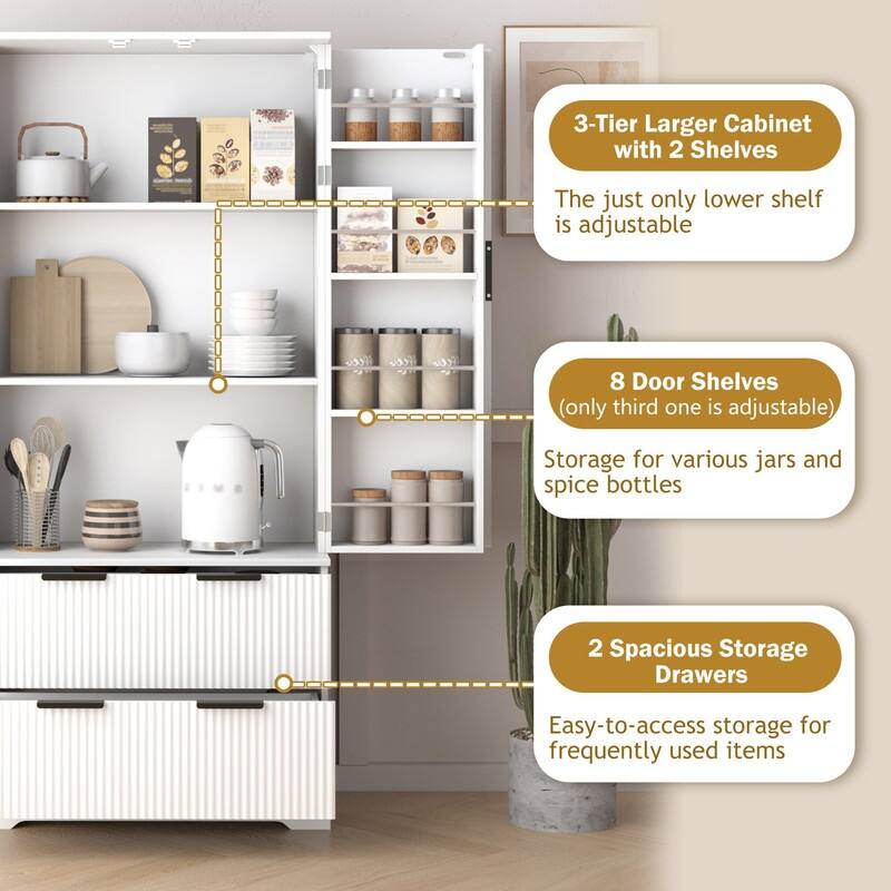 72" Fluted Kitchen Pantry Cabinet, Freestanding Cupboard Storage Cabinet with 2 Drawers for Smart Organization