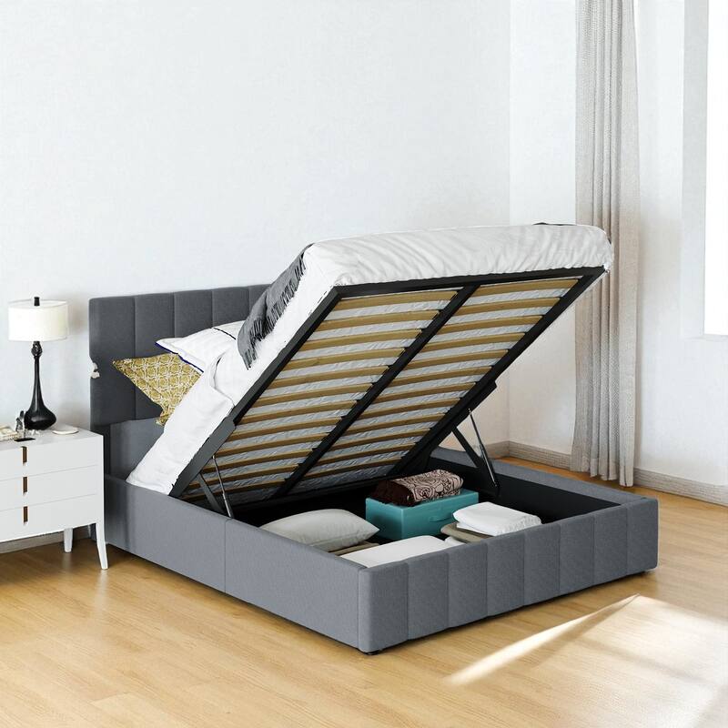 Full/Queen Upholstered Platform Bed with Hydraulic Lift Storage, Linen Headboard and Slats