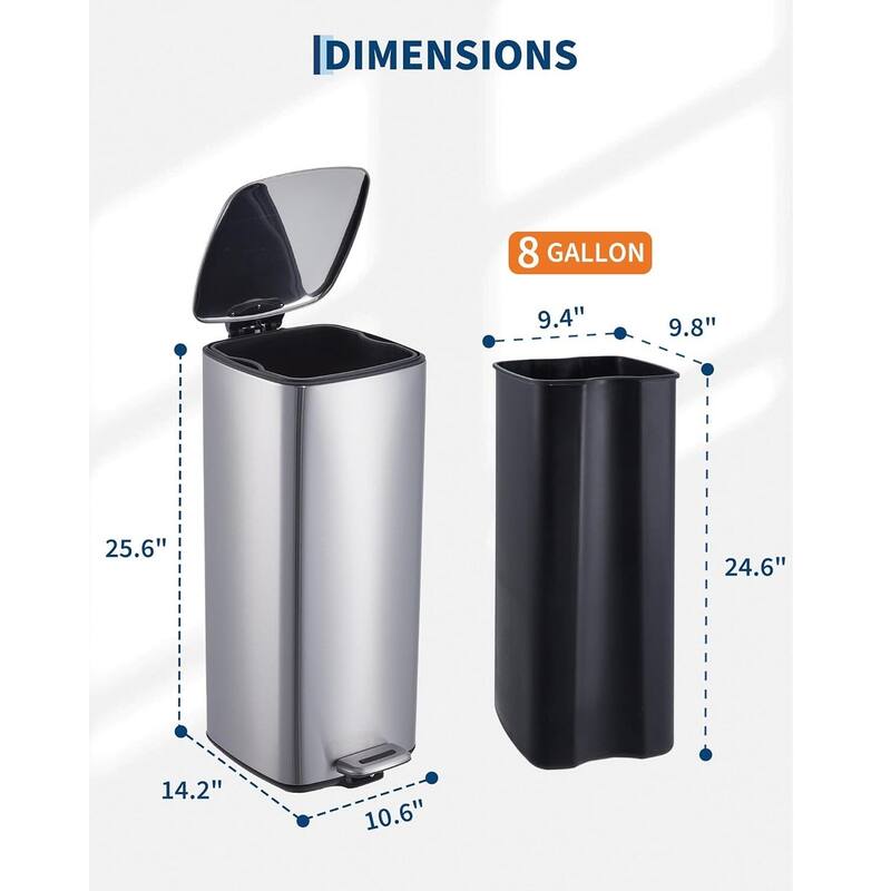 8 Gal / 30L Square Step Trash Can Stainless Steel with Lid and Inner Bucket White