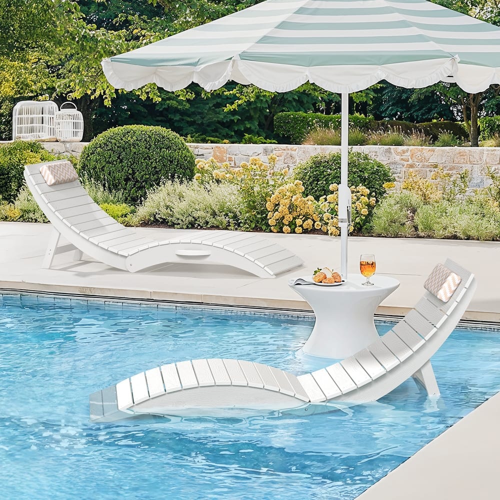 2-Piece Folding HDPS Plastic Outdoor Pool Chaise Lounges with Headrest Cushion