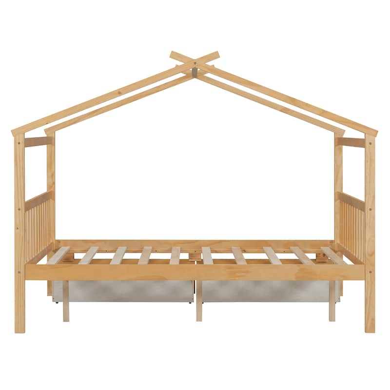 Creativity House Bed Full Size Frame with 2 Wood Drawers for Boys Girls, Wood Platform Bed with Roof No Box Spring Needed