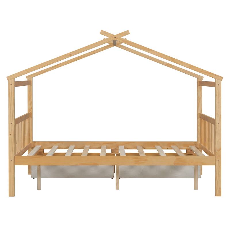 Full Size Wooden House Bed with Drawers, 79.5"L x 57.1"W x 63.1"H, Natural