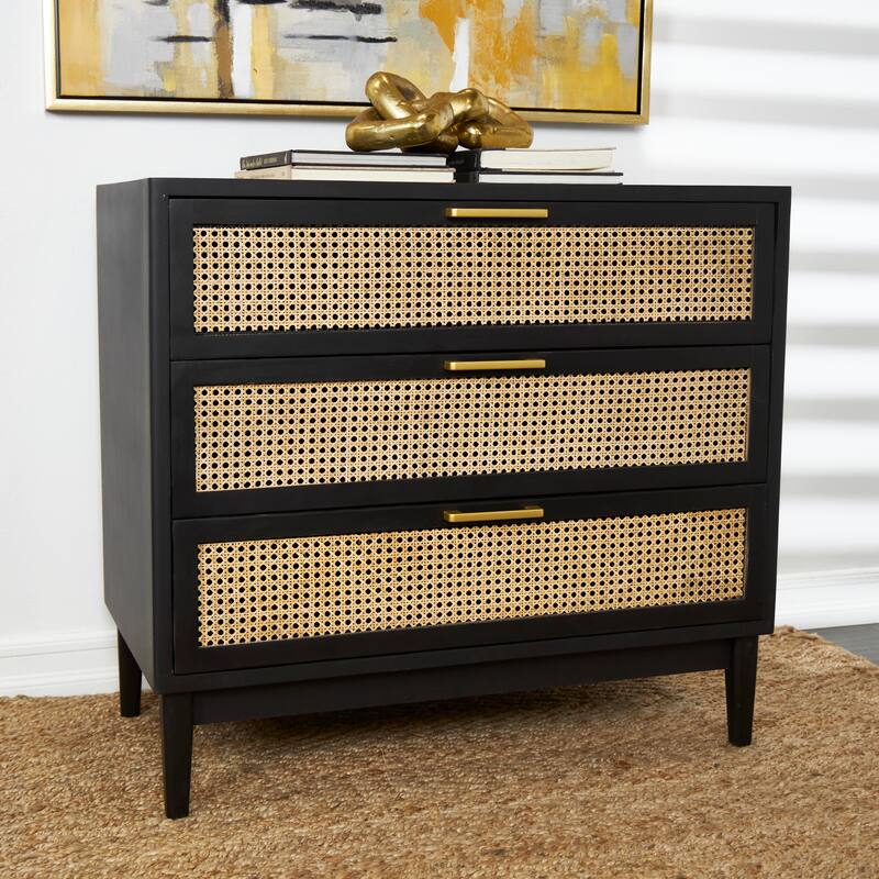 Wood 3 Drawer Chest with Beige Rattan Drawers and Gold Handles - Light Brown or Black - Roche River Decor