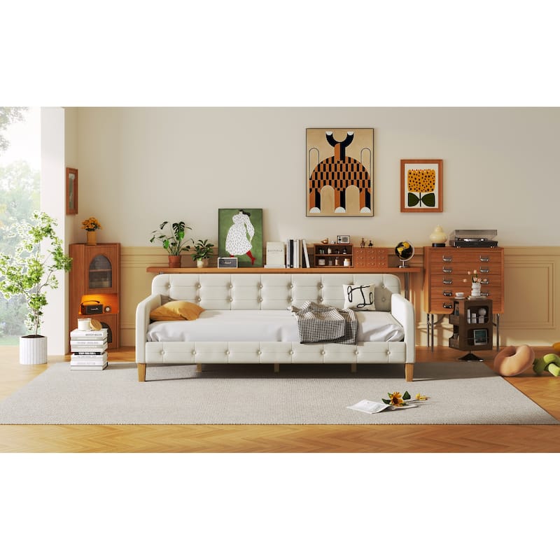 Twin Size Velvet Upholstered Daybed Frame with Tufted Backrest & 4 Legs