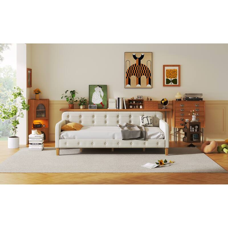 Twin Size Velvet Upholstered Daybed with Slatted and 4 Wooden Support Legs, Button Backrest Platform Bed Frame