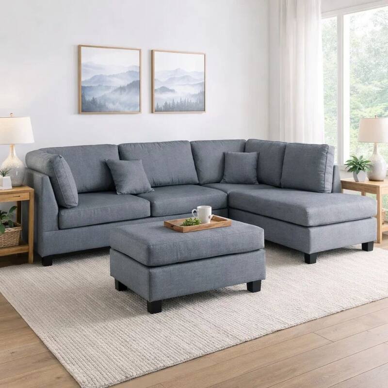 Linen Fabric 3 Pieces Sectional In Gray