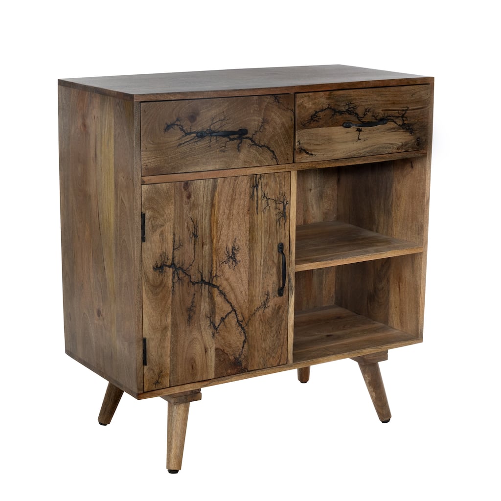 Mid-Century Mango Wood Cabinet with Fractal Burn and Storage Drawers