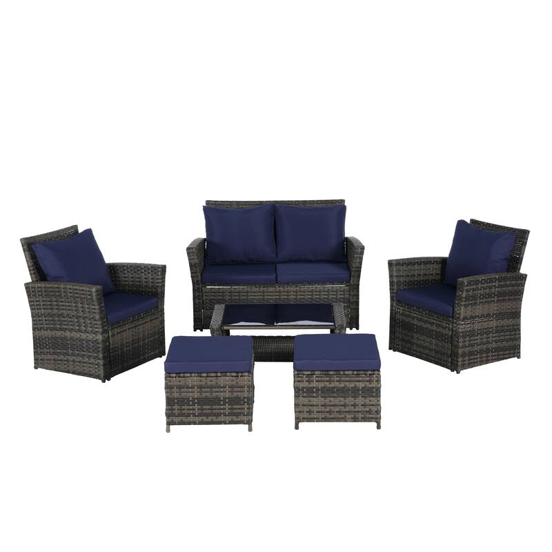 6-Piece Outdoor Patio Rattan Conversation Sofa Set with Tempered Glass Coffee Table