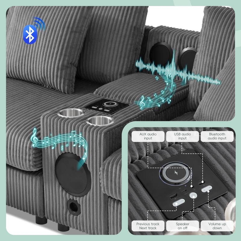 Modular Corduroy Sectional Sofa with Bluetooth Speakers, Charging Ports, Cup Holders, Storage and Ottoman for Living Room