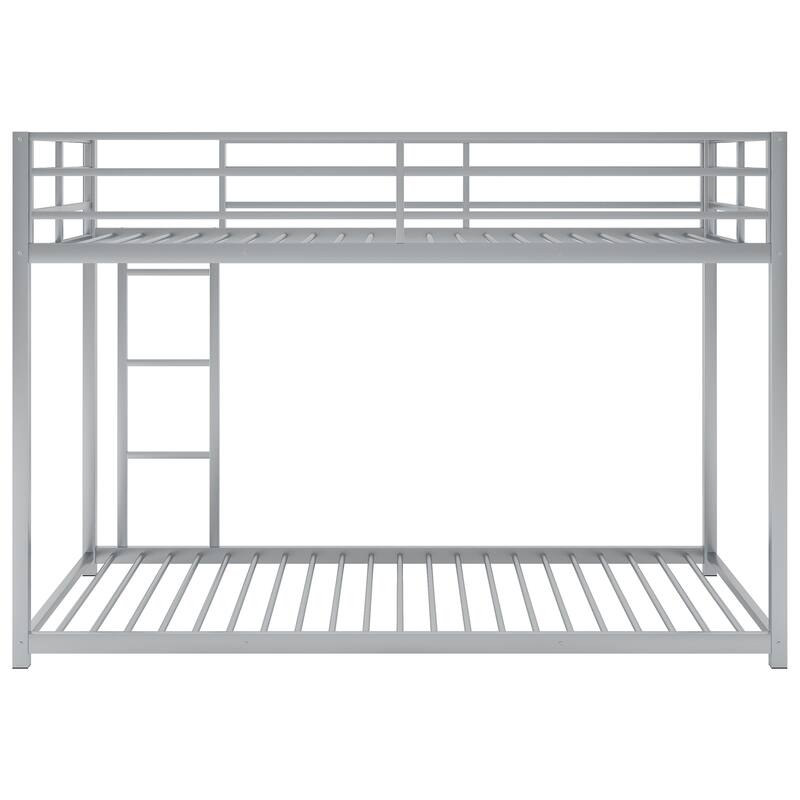 Twin/Full Size Metal Low Bunk Bed, Heavy Duty Steel Bunk Bed Frame with Built In Ladder and Guardrail