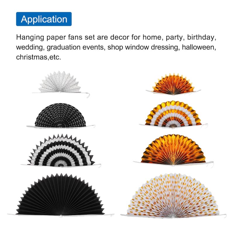 Hanging Paper Fans Party Set 8Pcs Decoration for Birthday White Black Gold - White Black Gold