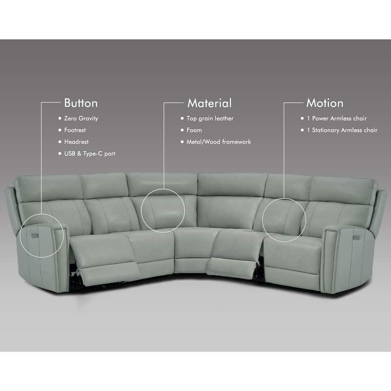 Genuine Leather Power Recliner Sectional Sofa with Ajustable Headrest, Dual Power, USB&USB-C Port
