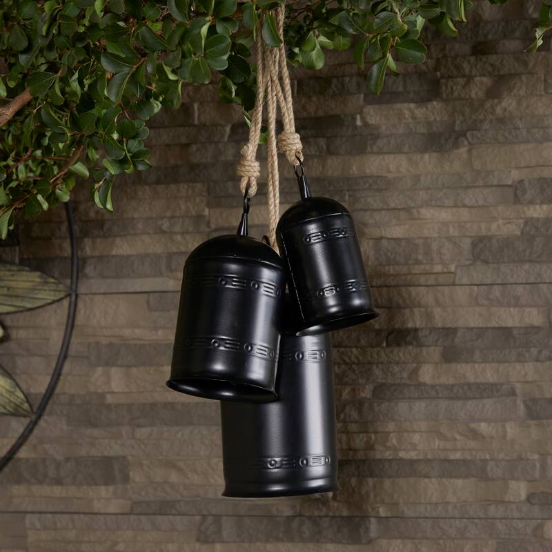 Gold, Gray, Bronze, Black or Red Metal Tibetan Inspired Decorative Cow Bells with Jute Hanging Rope (Set of 3) - Black - Glossy