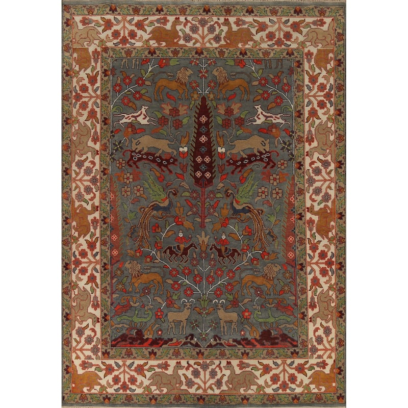 Hunting Animals Design Ziegler Indian Rug Handmade Gray Wool Carpet - 8'11"x 11'8"