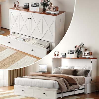 Mixoy Modern Full/Queen Size Murphy Bed Chest with Mattress and Storage