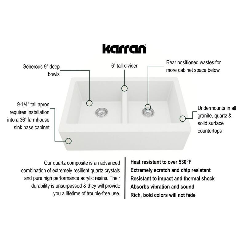 Karran All in One Apron Front Quartz 34 in. Double Bowl 50/50 Kitchen Sink in White with Faucet KKF210 in Stainless Steel