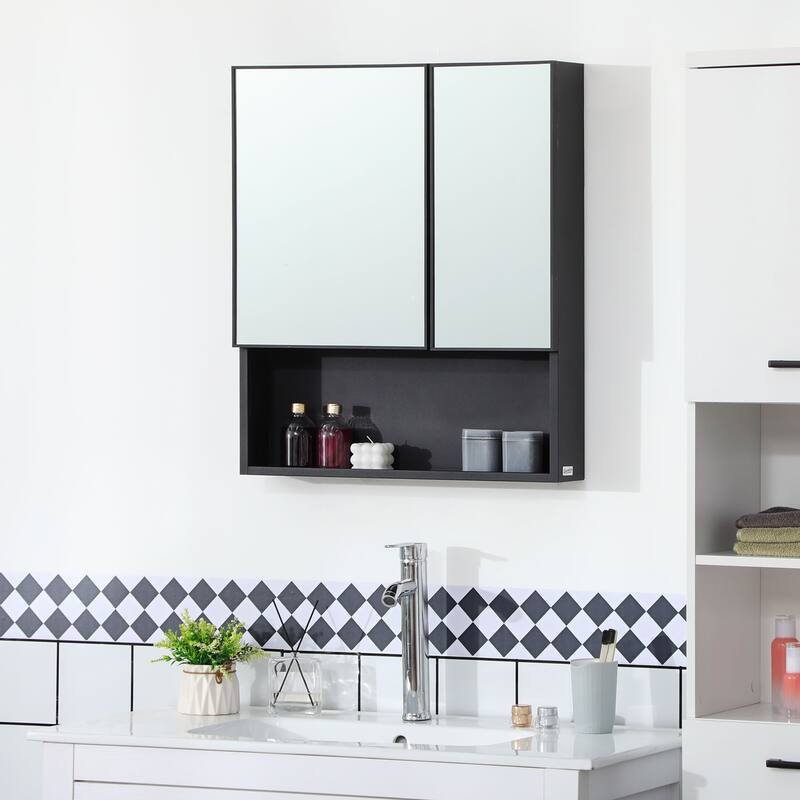 Wall-Mounted Bathroom Medicine Cabinet with Double Doors, 4 Storage Shelves, and Black Stainless Steel Frame - 5.3X23.5 in