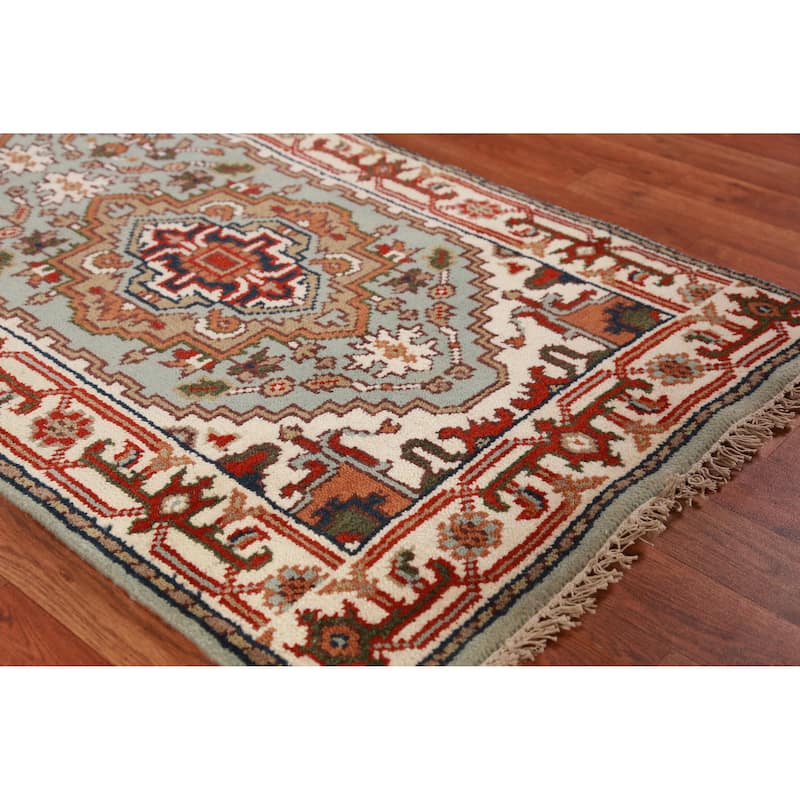 Geometric Heriz Serapi Indian Runner Rug Hand-Knotted Wool Carpet - 2'6" x 10'2" - 2'6" x 10'2" - Green
