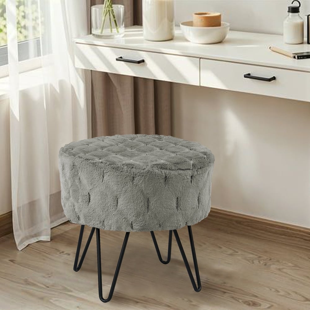 Jacquard Solid Fauxfur Round Ottoman